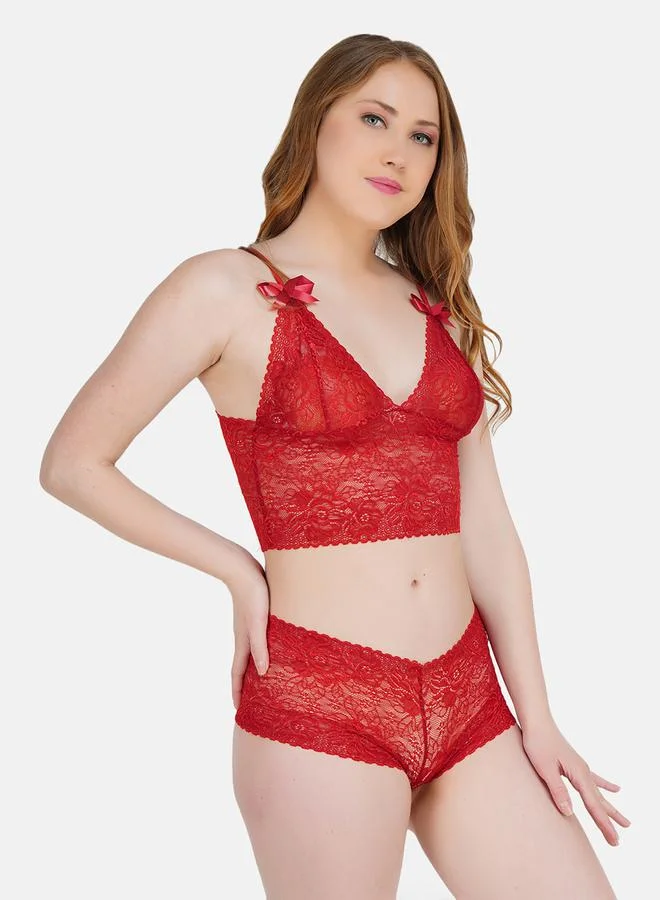 تايك تو طقم حمالة صدر براليت دانتيل أحمر وشورت للنساء